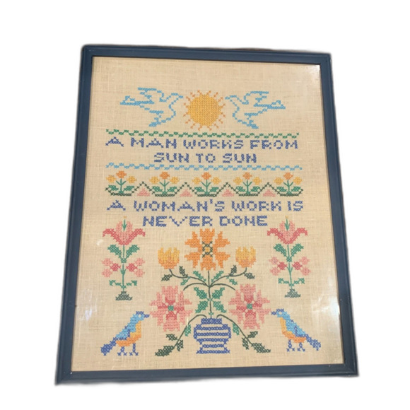 Vintage embroidery framed art floral birds A man works from sun to sun EUC - Picture 1 of 3